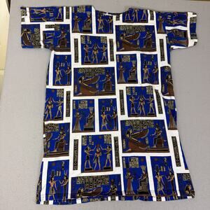 Vintage Egyptian Hieroglyphic Print Tunic Top Blue White Short Sleeve Shirt
